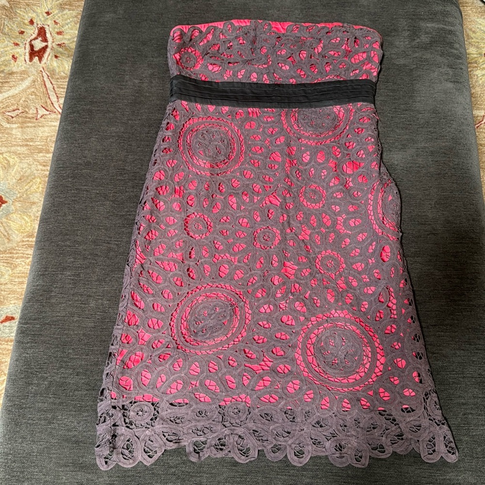 Anthropologie Purple Lace Overlay Midi Dress with Pink Lining